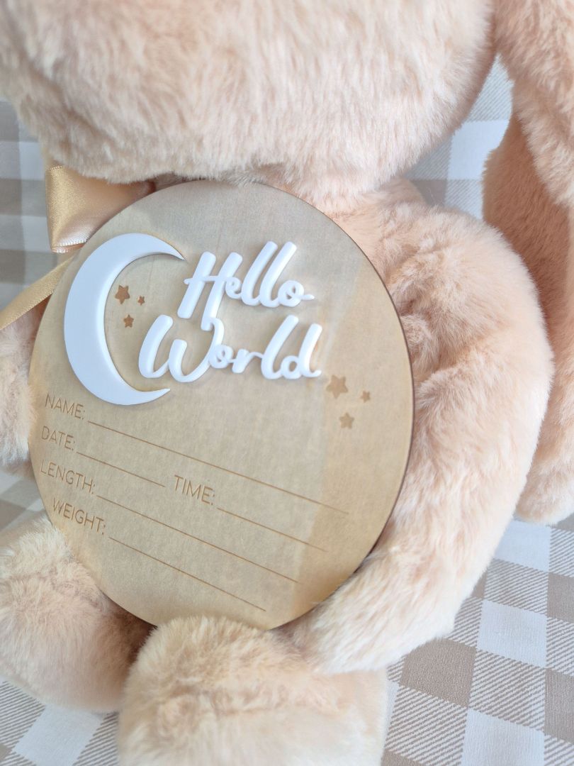 AXN Laser Creations Birth Announcement Plaque - Hello World with Moon 14cm, Plywood