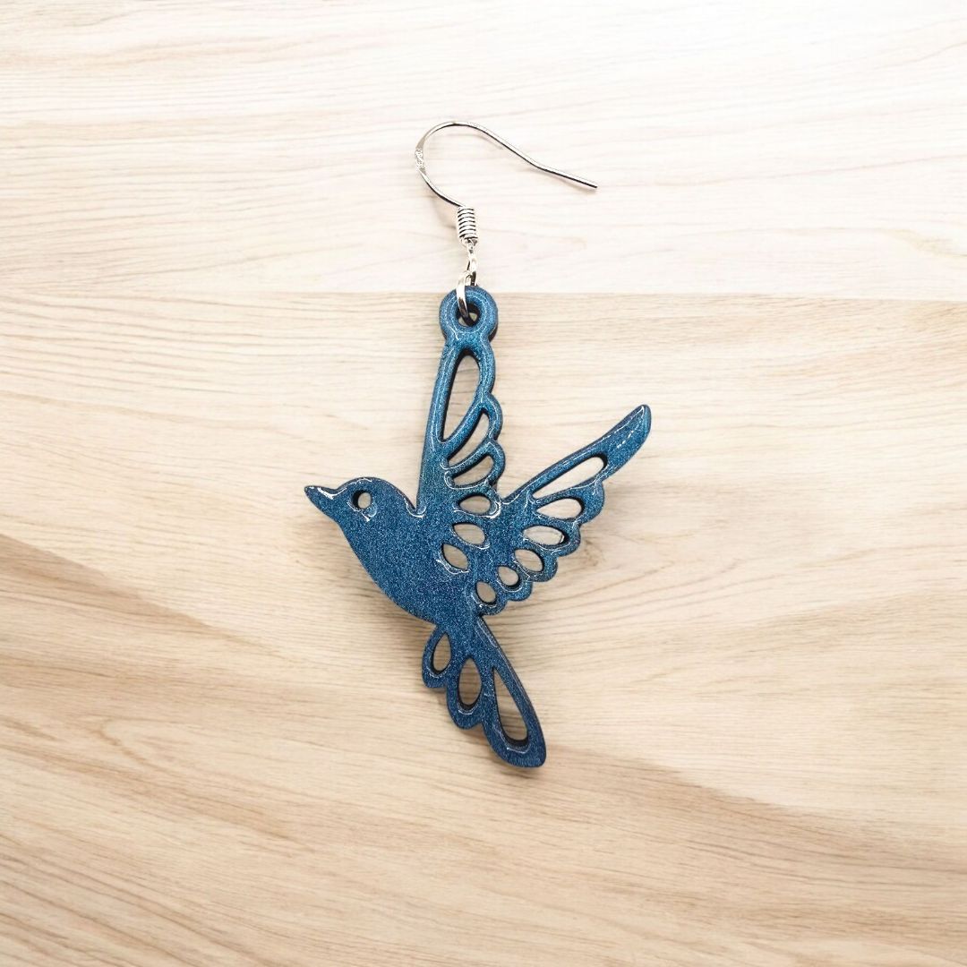 4 little Bells Blue bird dangle earrings, blue