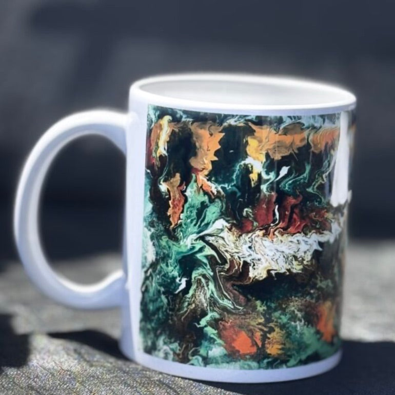 Marie-Line's abstract art Art mug featuring “Colourful waves in the shades of green and orange”, green&orange 330ml