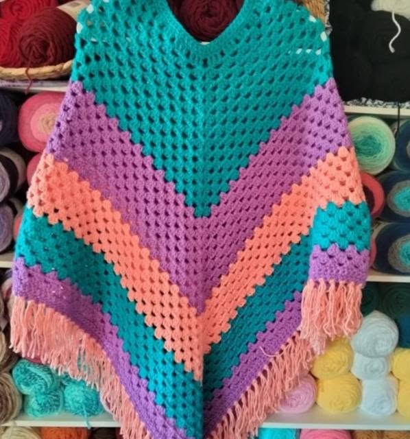Carmah Designs Boho Babe Poncho, Blue, Peach & Purple Free Size