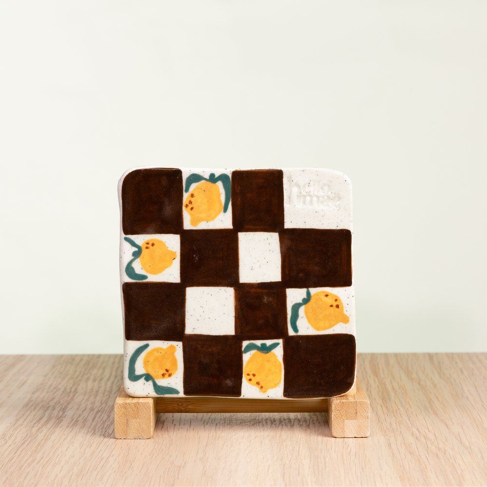 hellomae Lemon Brown Checker Coaster