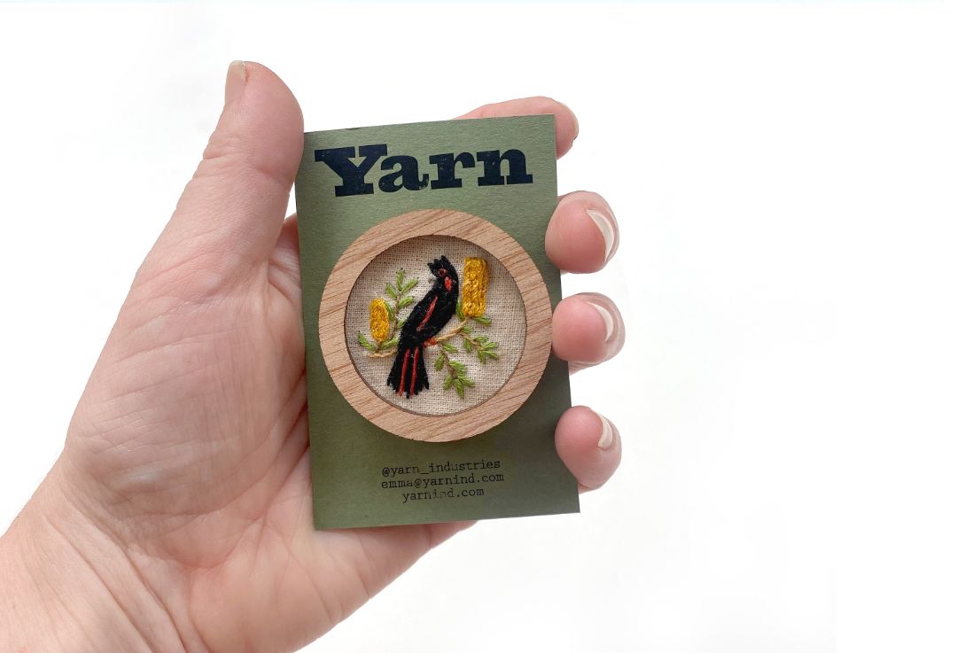 Yarn Industries Embroidered Brooch - Black Cockatoo, 50 x 25mm