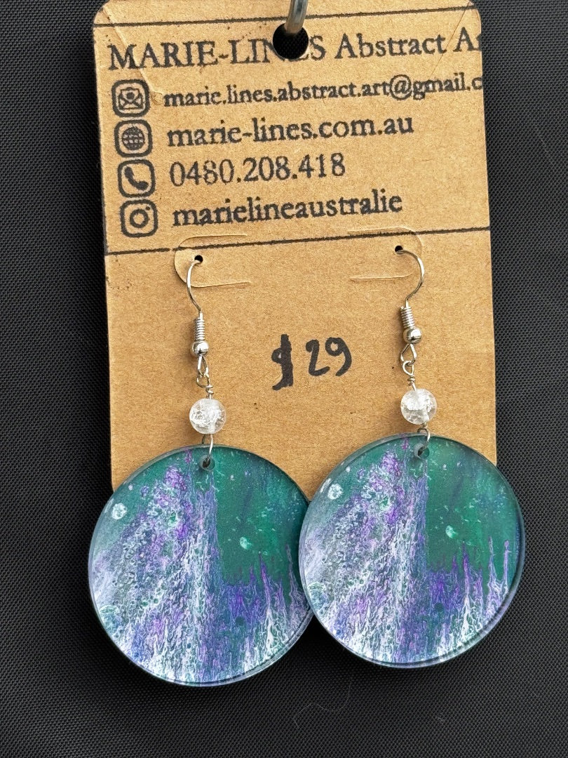 Marie-Line's abstract art Large round purple & green earrings, green&purple 40mm