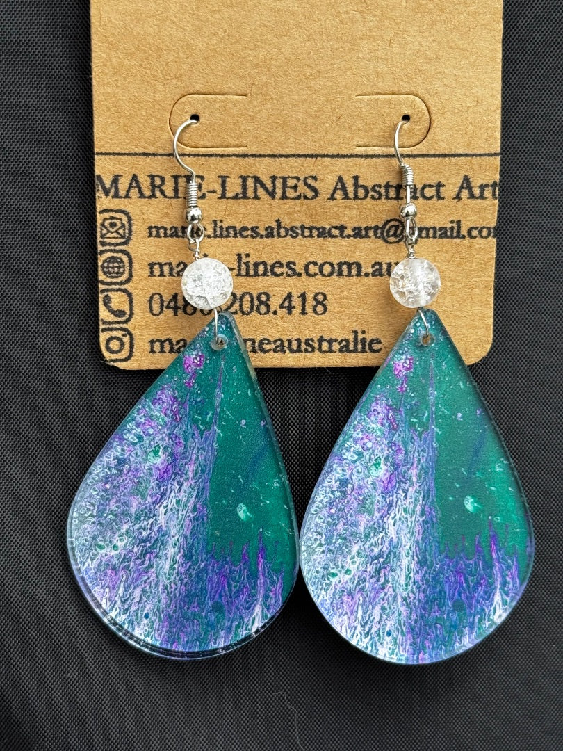 Marie-Line's abstract art Large teardrop green, purple and white earrings, green&purple 50mm