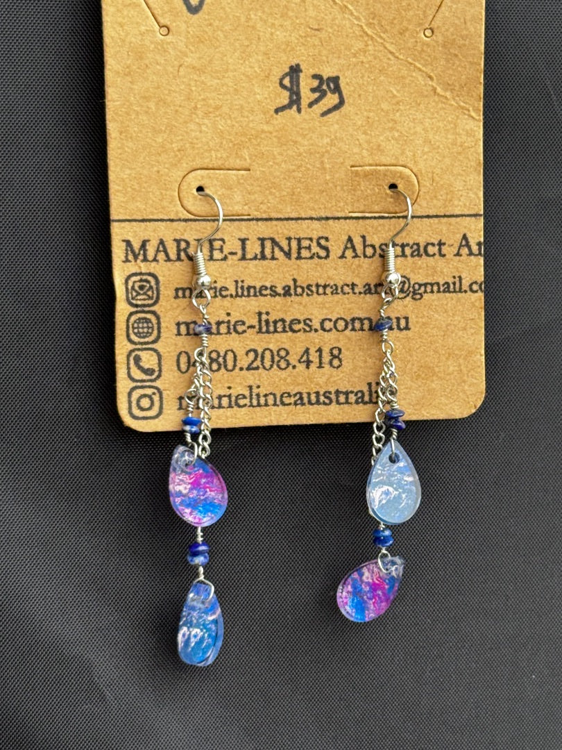 Marie-Line's abstract art 2 Dangling tiny teardrop blue&pink earrings, blue&pink 50mm
