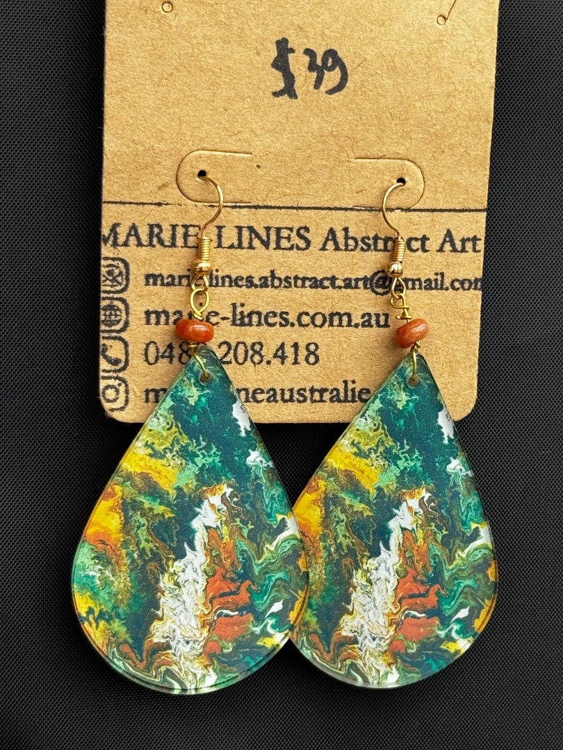 Marie-Line's abstract art Large teardrop orange, green and white earrings, green&orange 50mm