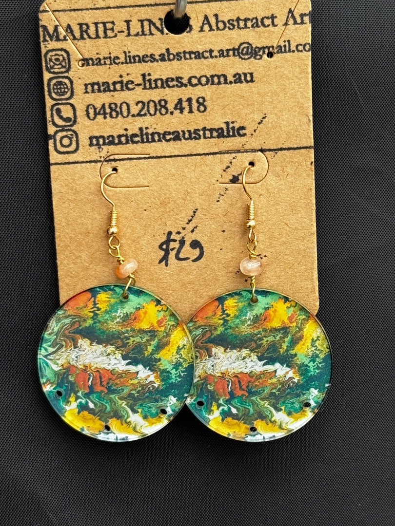 Marie-Line's abstract art Large round orange & green earrings, green&orange 40mm