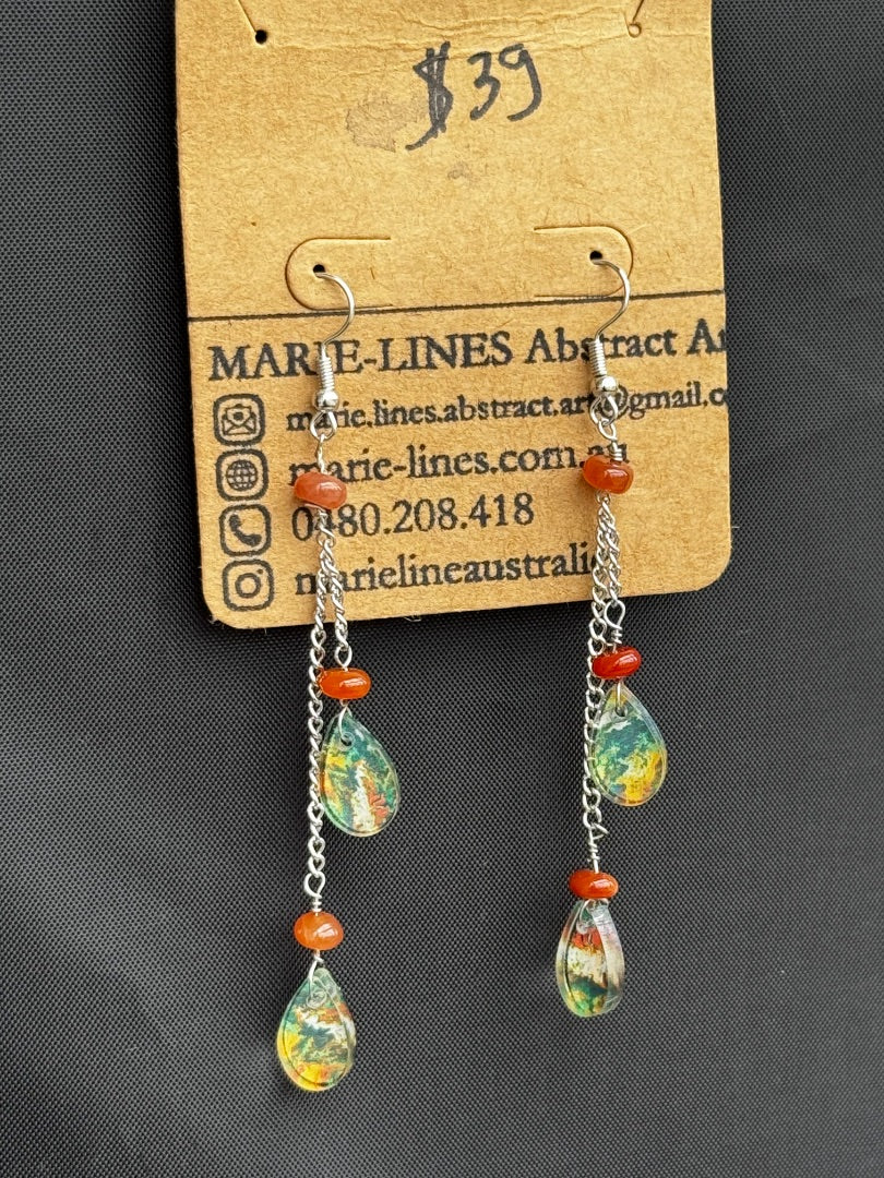 Marie-Line's abstract art 2 Dangling tiny teardrop green and orange earrings, green&orange 50mm