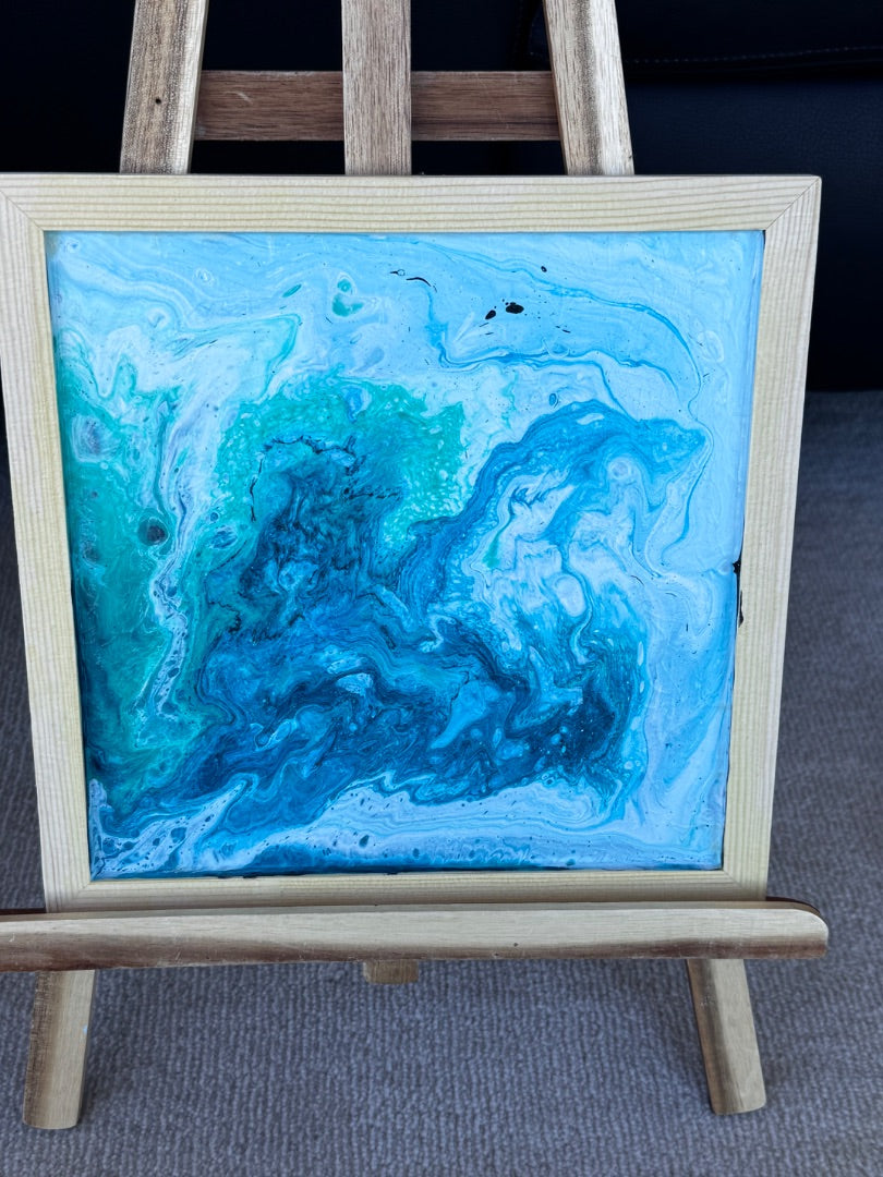 Marie-Line's abstract art framed "colourful waves in the shades of blue and white", by Marie-Line's abstract art, blue&white 25x25cm