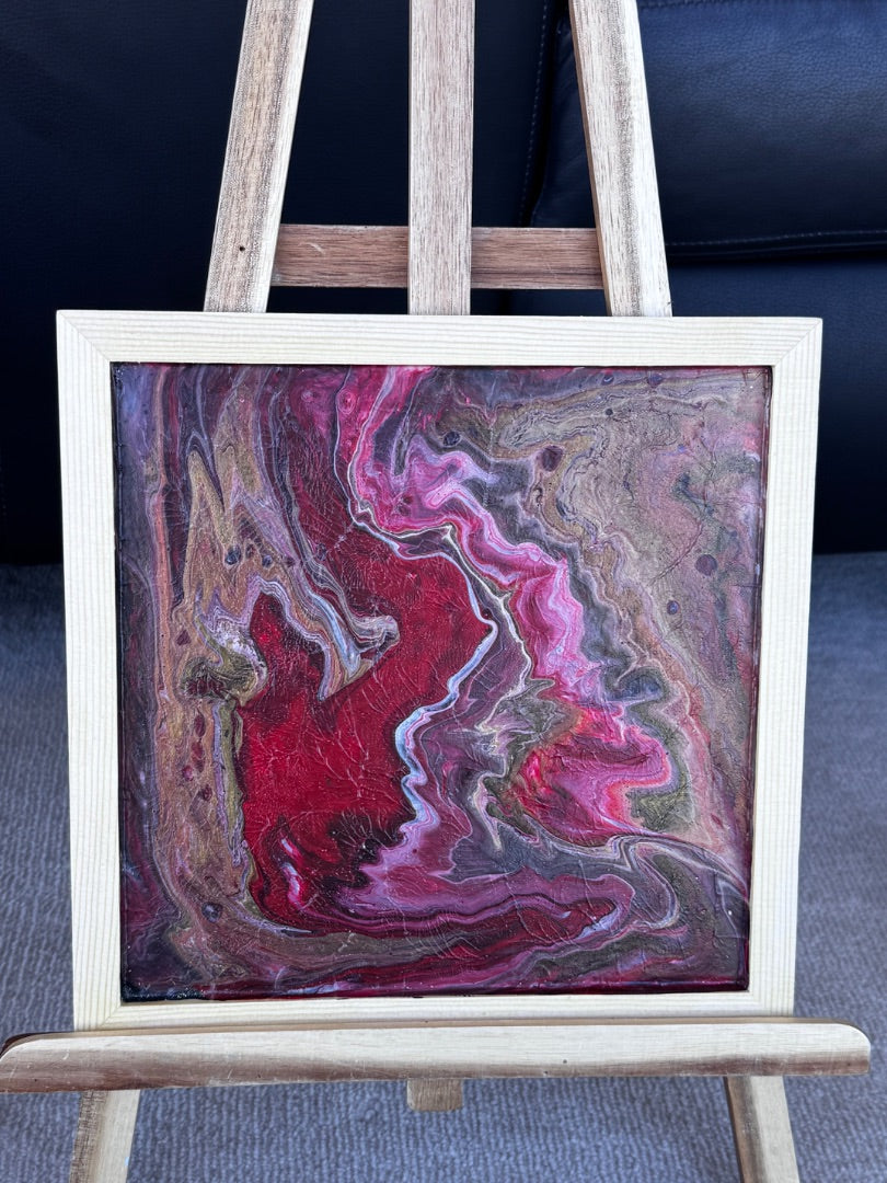 Marie-Line's abstract art framed "colourful waves in the shades of red, gold, black and white", by Marie-Line's abstract art, red, gold&black 25x25cm