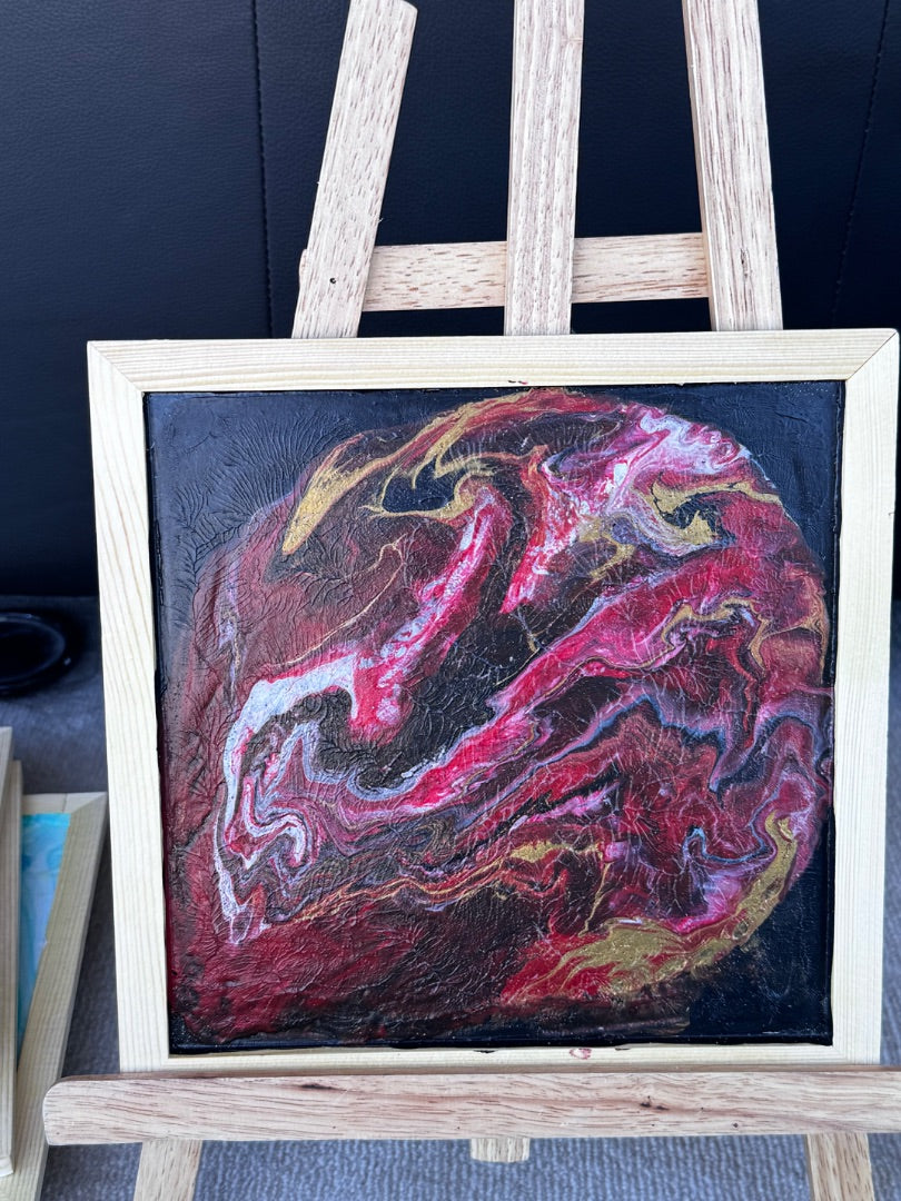 Marie-Line's abstract art framed "colourful waves in the shades of red, gold, black and white", by Marie-Line's abstract art, red, gold&black 25x25cm