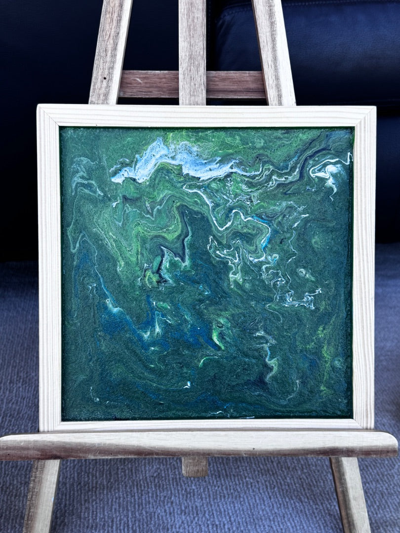 Marie-Line's abstract art framed "colourful waves in the shades of Blue, pink, gold, black and white", by Marie-Line's abstract art, green 25x25cm