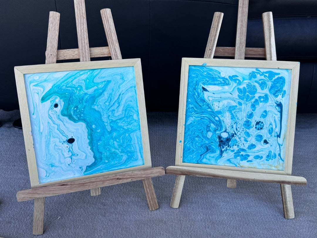 Marie-Line's abstract art framed "colourful waves in the shades of blue", by Marie-Line's abstract art, blue&white 25x25cm