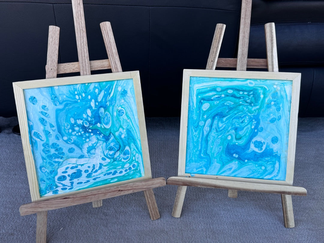 Marie-Line's abstract art framed "colourful waves in the shades of blue and white", by Marie-Line's abstract art, blue&white 25x25cm