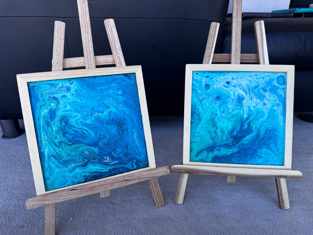 Marie-Line's abstract art framed "colourful waves in the shades of blue and white", by Marie-Line's abstract art, blue&white 25x25cm