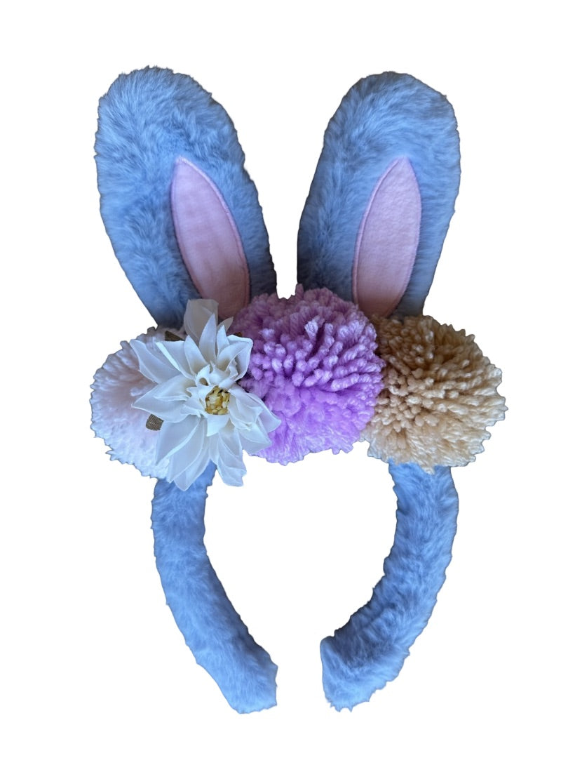 P and P Pompom Easter Bunny Pom Pom Ears, Steel Blue with pink, latte and violet pompoms One size