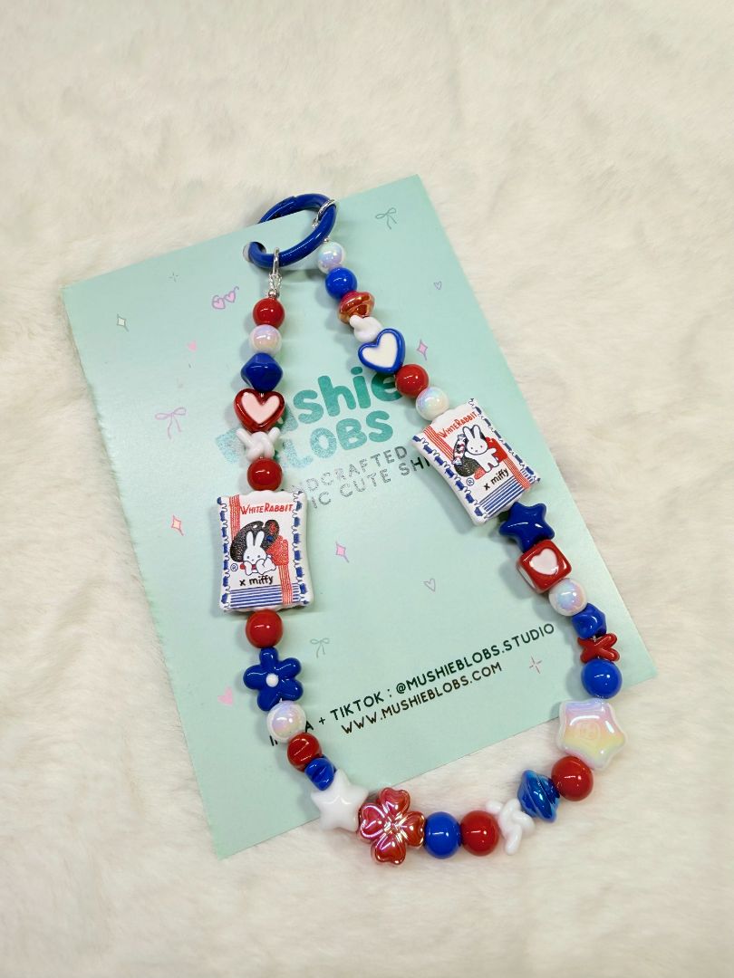 mushieblobs studio Phone Charm: White Rabbit Candy, Blue, Red & White