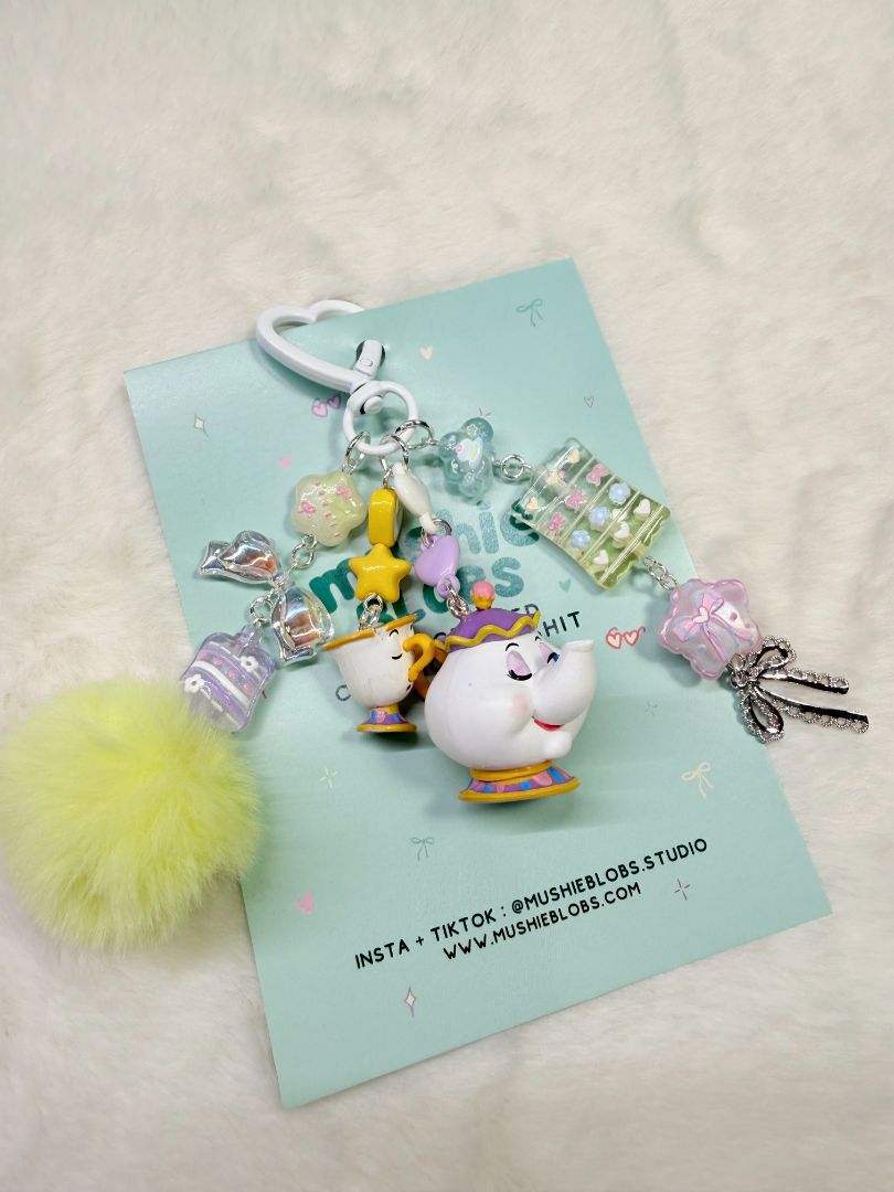 mushieblobs studio Bag Charm: Mrs Potts & Chip, White & Yellow