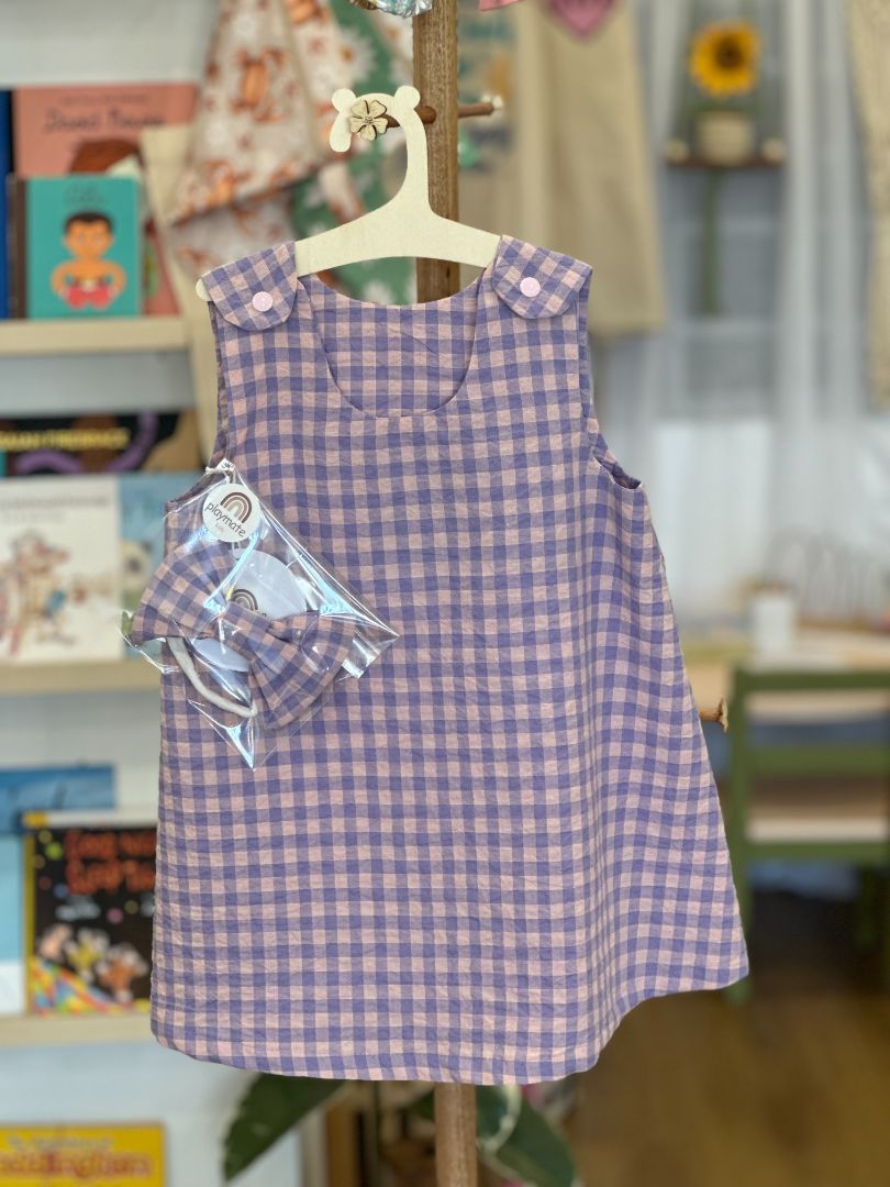 Playmate kids Purple & Pink Gingham Dress w Matching Bow, 3