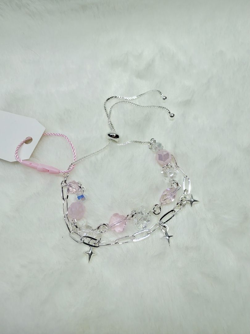 mushieblobs studio Double Chain Bracelet, Silver, Pink