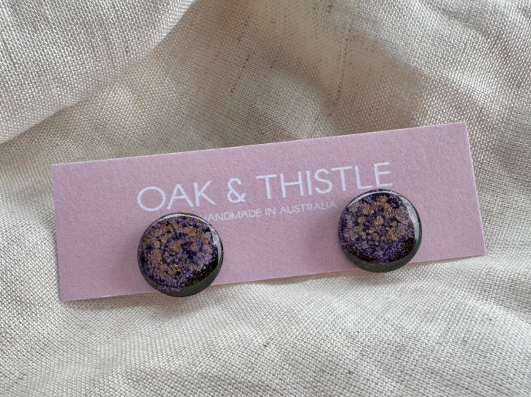 Oak & Thistle Lunar Stud Earrings, Dark purple, gold