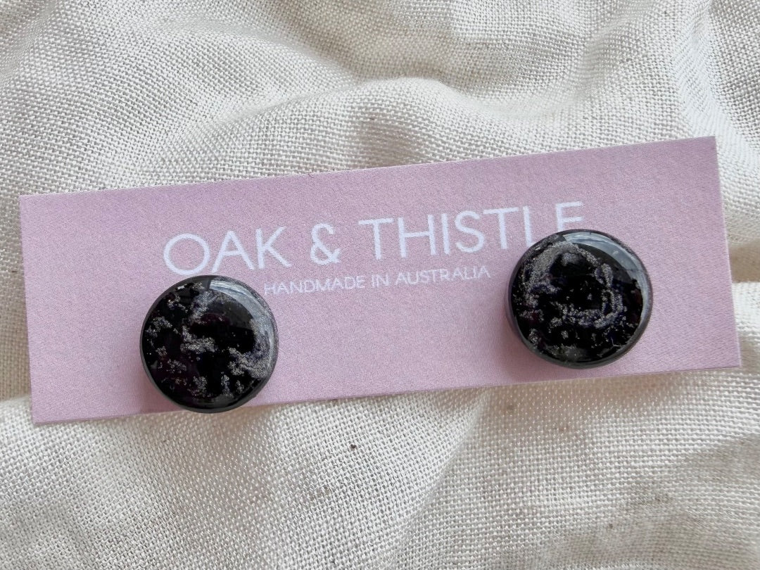 Oak & Thistle Lunar Stud Earrings, Black, silver