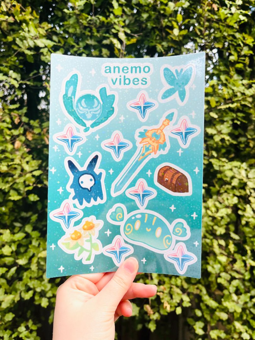 Seedi Bun Genshin Impact Fanart Anemo Sticker Sheet, Blue A5
