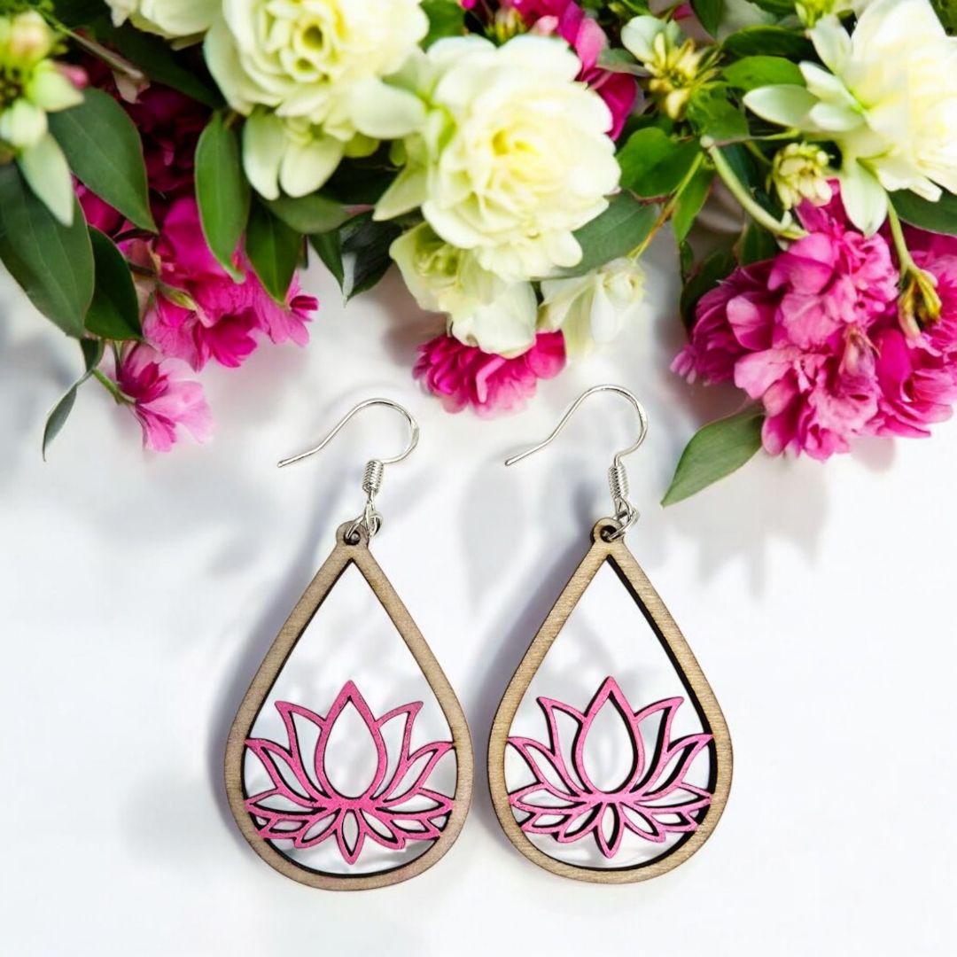 4 Little Bells Pink Lotus Dangle Earrings, pink Pink