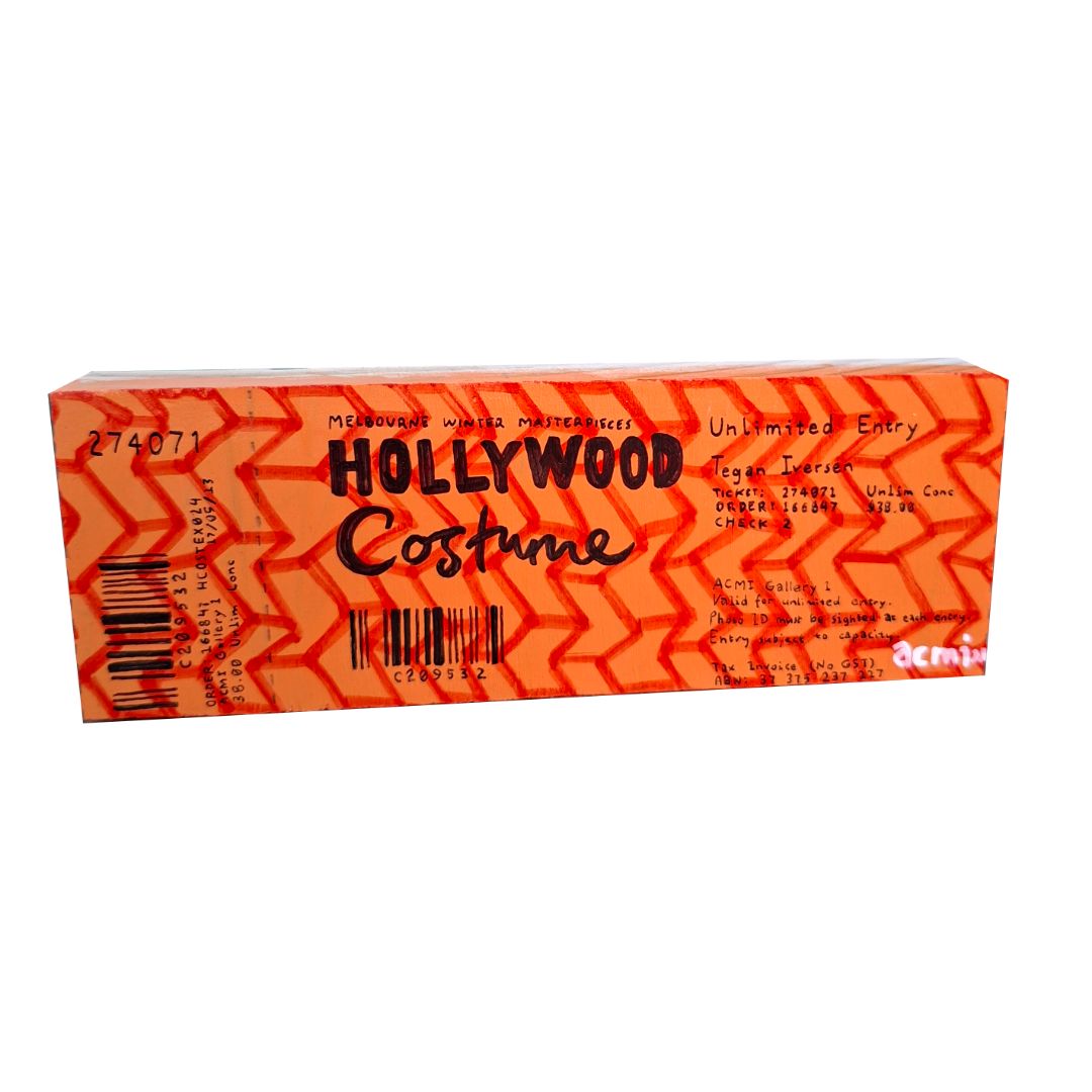 Tegan Iversen Hollywood costume ticket artwork, orange 14cm x 5cm x 2cm
