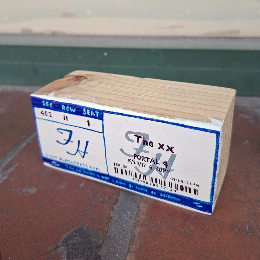 Tegan Iversen The xx ticket artwork, 10cm x 5cm x 4.5cm