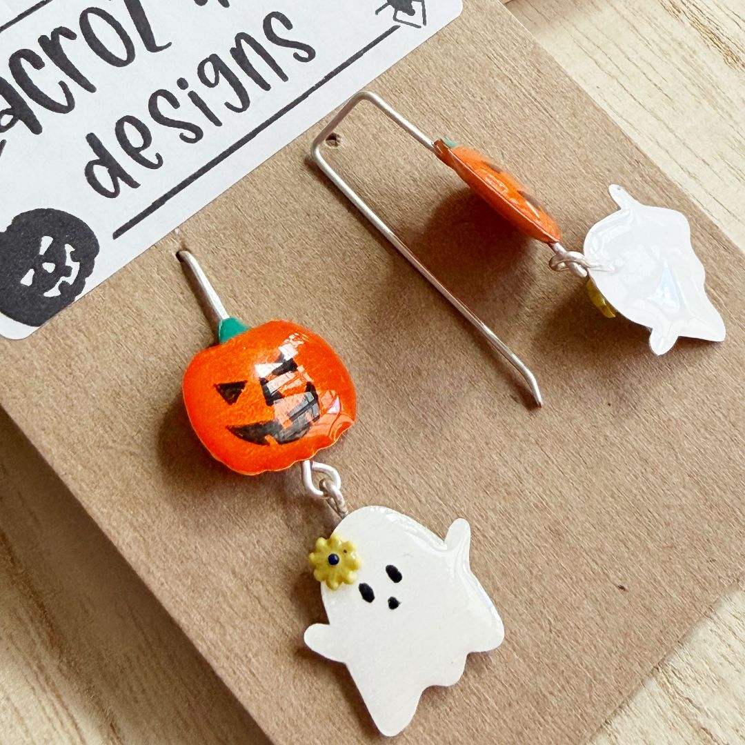 Lacroz & Co. Designs Halloween Pumpkin & Ghost Earrings (yellow), 45mm x 15mm
