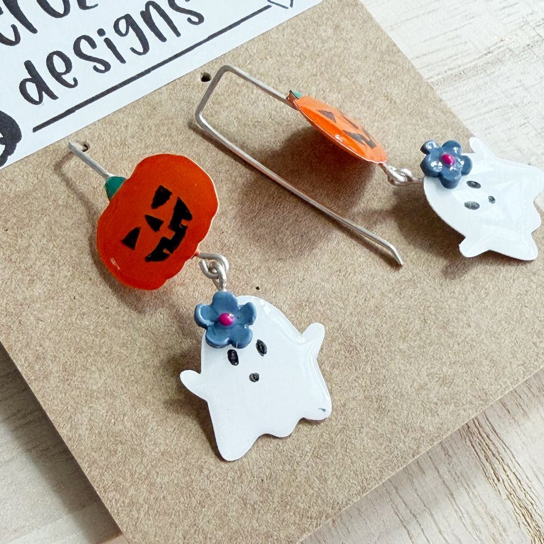 Lacroz & Co. Designs Halloween Pumpkin & Ghost Earrings (blue), White 45mm x 15mm