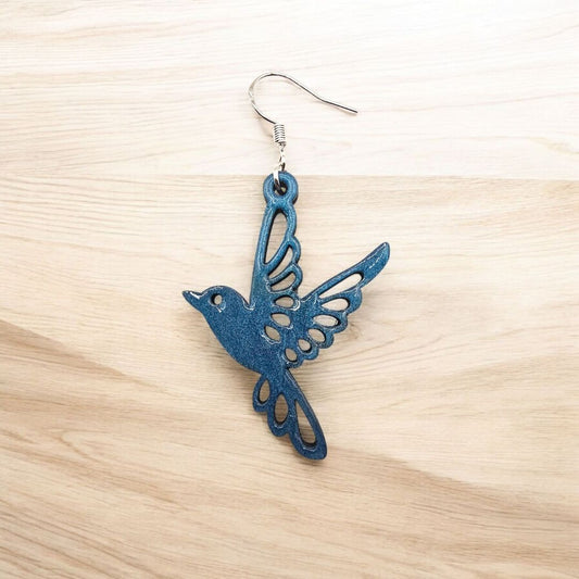 4 little Bells Blue bird dangle earrings,  blue