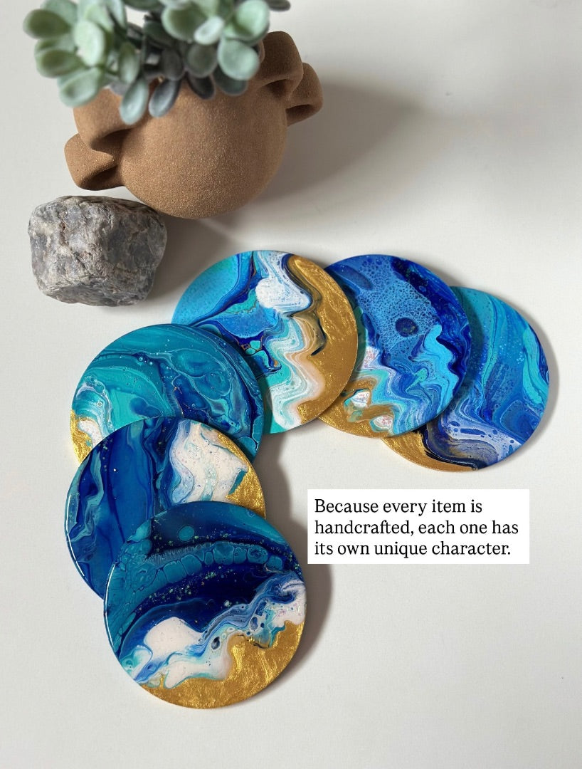 Pour it Art by Bek Pack of 6 Round Coastal Coasters,  Coastal 9cm