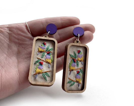 Yarn Industries Embroidered Earrings - Gouldian Finch,   50 x 25mm
