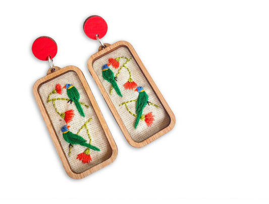 Yarn Industries Embroidered Earrings - Lorikeet,   50 x 25mm