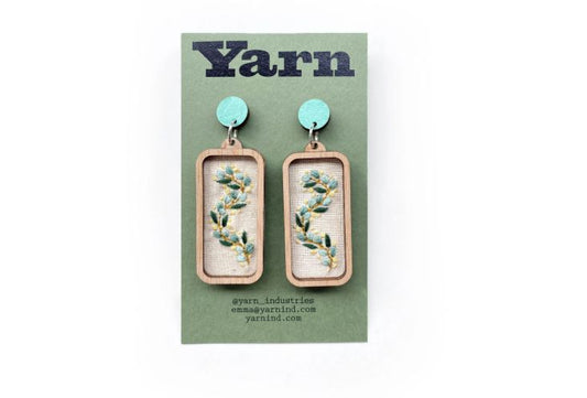 Yarn Industries Embroidered Earrings - Eucalyptus,   50 x 25mm