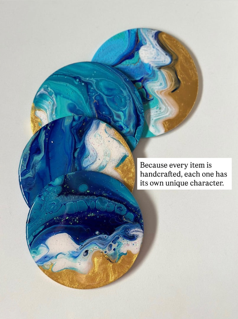 Pour it Art by Bek Pack of 4 Round Coastal Coasters,  Coastal 9cm