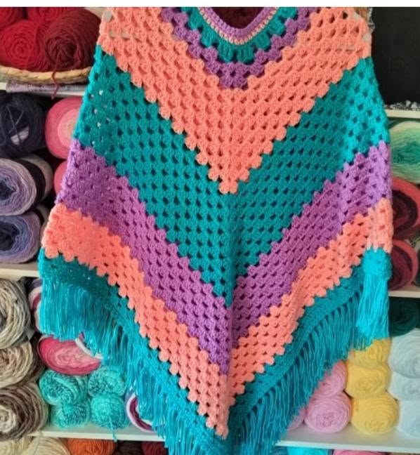 Carmah Designs Boho Babe Poncho,  Peach, Blue & Purple Free Size