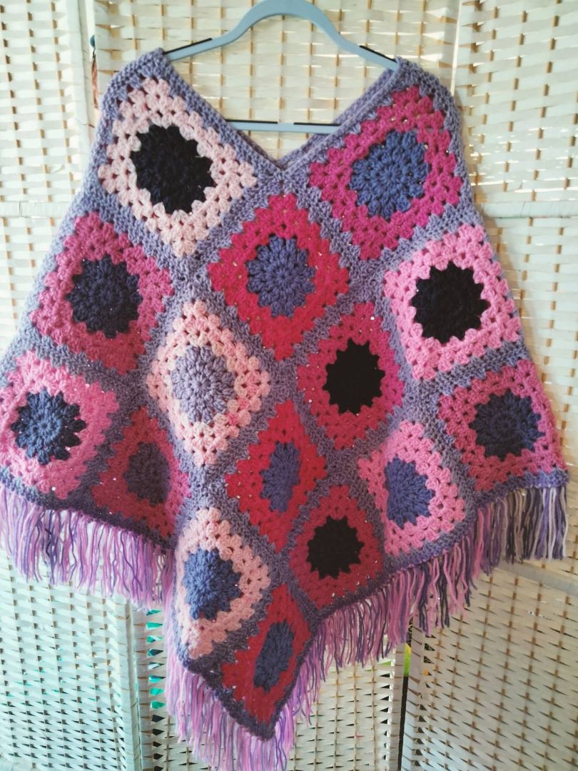 Carmah Designs Granny Hugs Poncho,  Pink & Purple Free Size