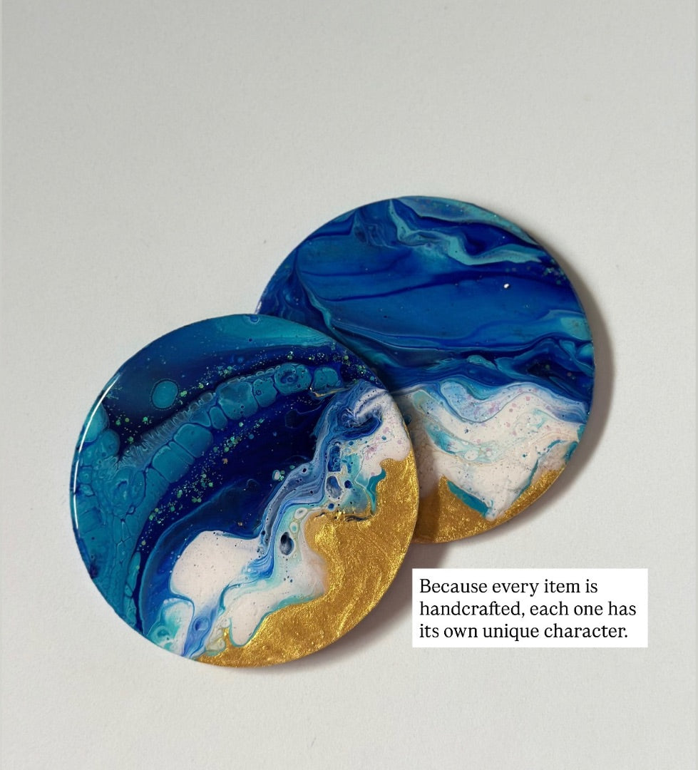 Pour it Art by Bek Pack of 2 Round Coastal Coasters,  Coastal 9cm