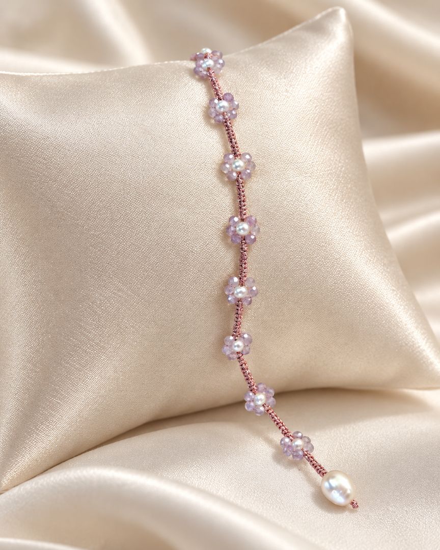 LumaKnot Handmade Daisy Pearl Bracelet – Lavender Bloom,   One Size