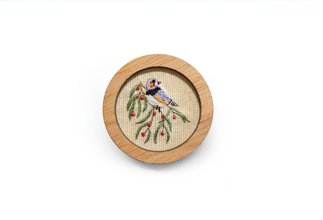 Yarn Industries Embroidered Brooch - Zebra Finch,   45 x 45mm