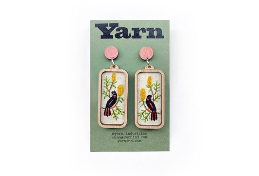 Yarn Industries Embroidered Earrings - Black Cockatoo,   50 x 25mm
