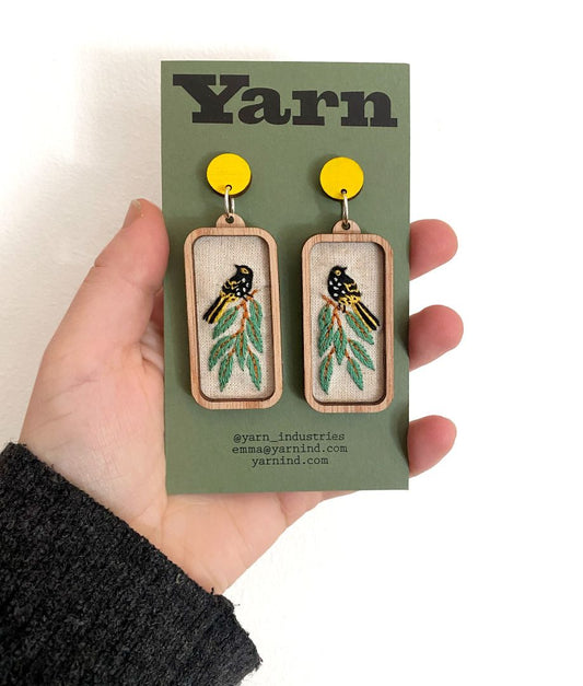 Yarn Industries Embroidered Earrings - Honeyeater,   50 x 25mm