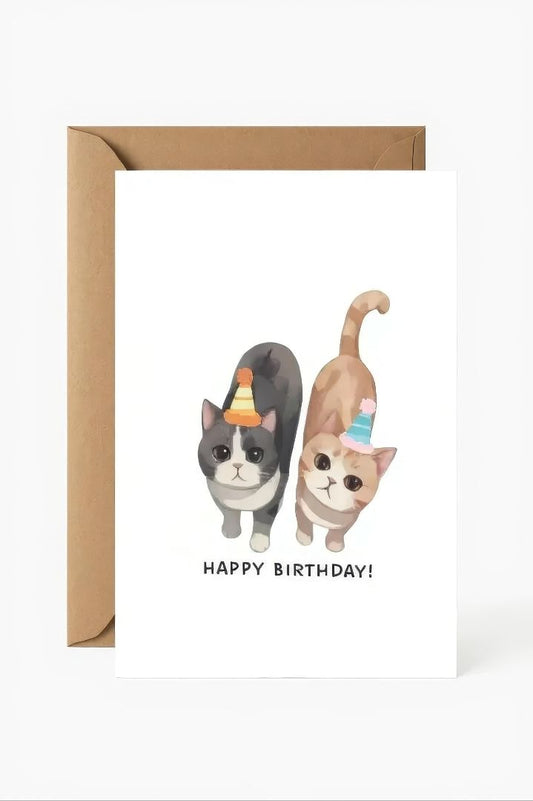 Ink & Spice co Cat themed happy birthday card,  brown A6