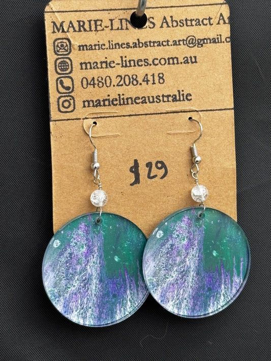 Marie-Line's abstract art Large round purple & green earrings,  green&purple 40mm