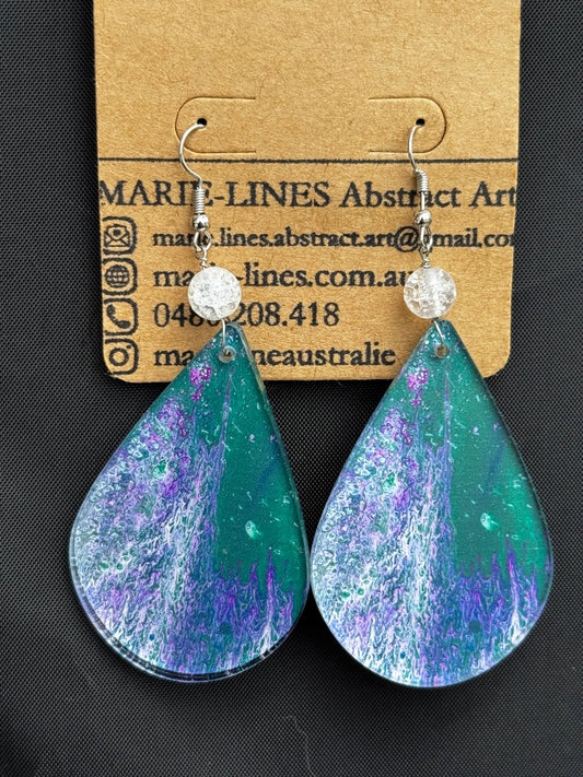 Marie-Line's abstract art Large teardrop green, purple and white earrings,  green&purple 50mm