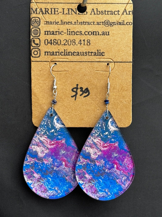 Marie-Line's abstract art Large teardrop blue&pink earrings,  blue&pink 50mm