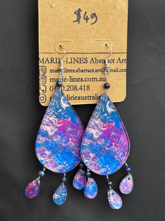 Marie-Line's abstract art Large teardrop with 3 dangling tiny teardrops blue&pink earrings,  blue&pink 60mm